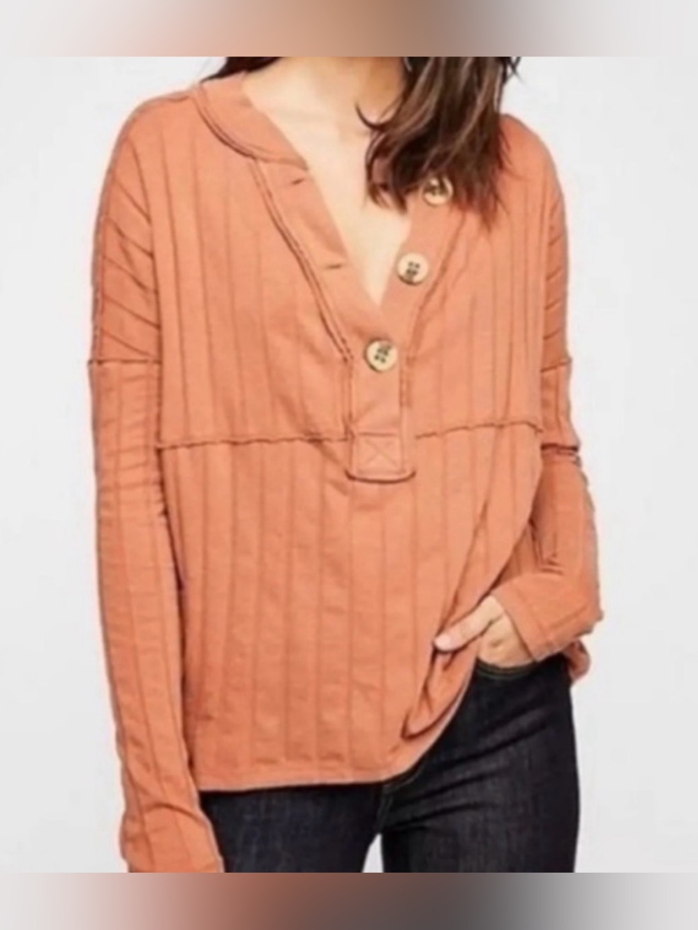 Free People We The Free In the Mix Henley Ribbed Long Sleeve
Shirt‎ Orange XS